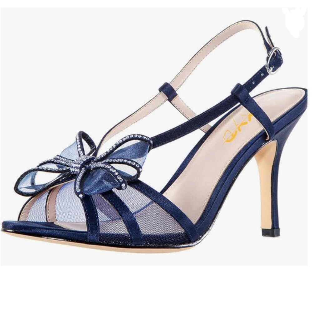 XYD Navy Open Toe Mesh Prom Satin Sandals Slingback Crystal Studded Bowknot Shoe